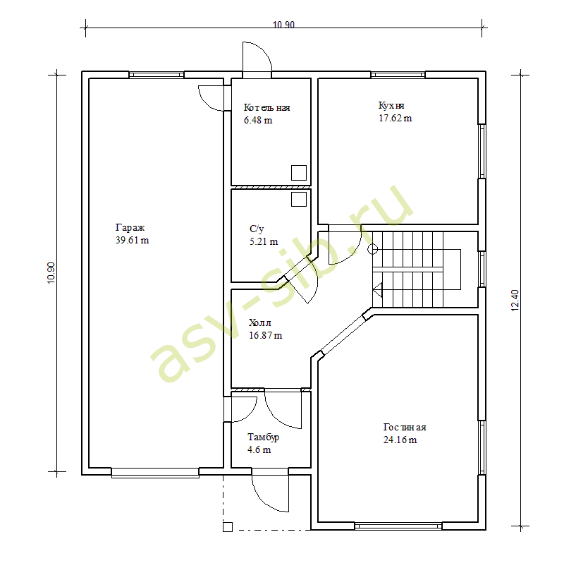 План первого этажа дома из бруса с гаражом, проект Б-222.